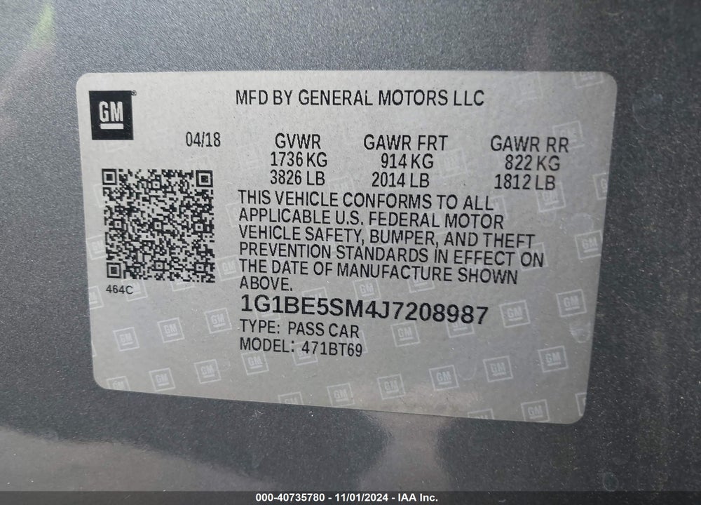 2018 CHEVROLET CRUZE LT AUTO VIN: 1G1BE5SM4J7208987