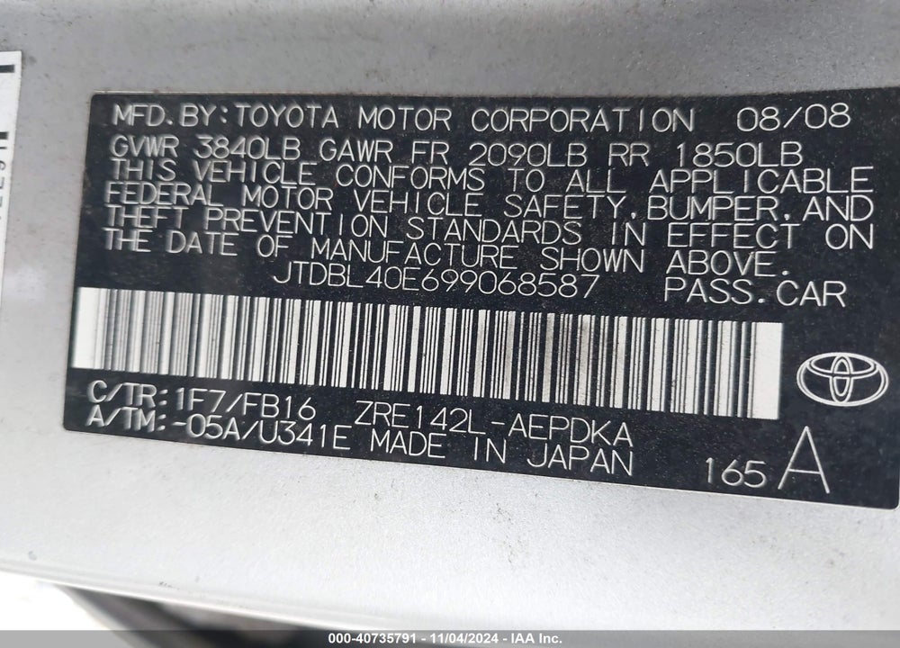 2009 TOYOTA COROLLA VIN: JTDBL40E699068587