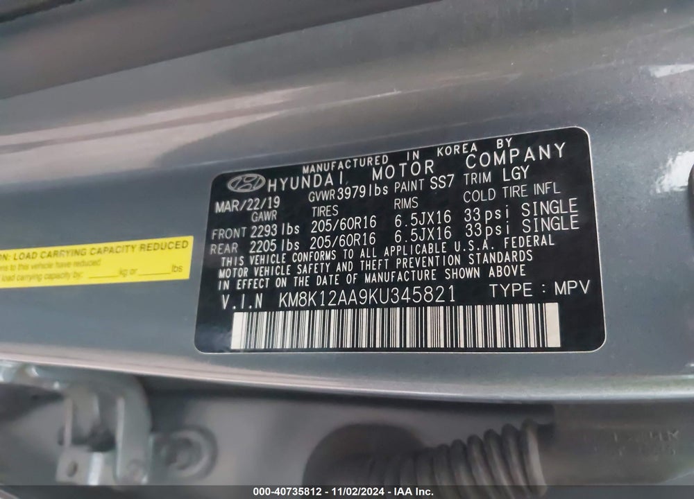 2019 HYUNDAI KONA SE VIN: KM8K12AA9KU345821