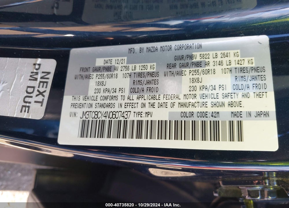 2022 MAZDA CX-9 TOURING VIN: JM3TCBCY4N0607437