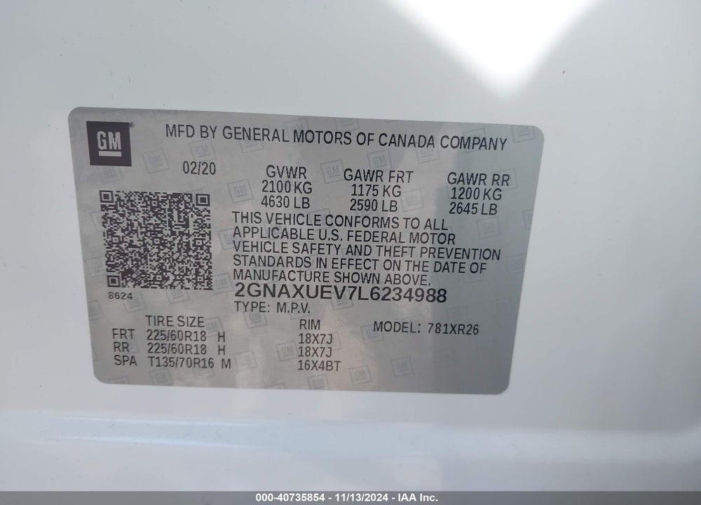 2020 CHEVROLET EQUINOX AWD LT 1.5L TURBO VIN: 2GNAXUEV7L6234988