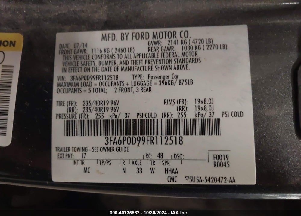 2015 FORD FUSION TITANIUM VIN: 3FA6P0D99FR112518