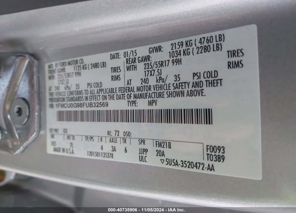 2015 FORD ESCAPE SE VIN: 1FMCU0G98FUB32569