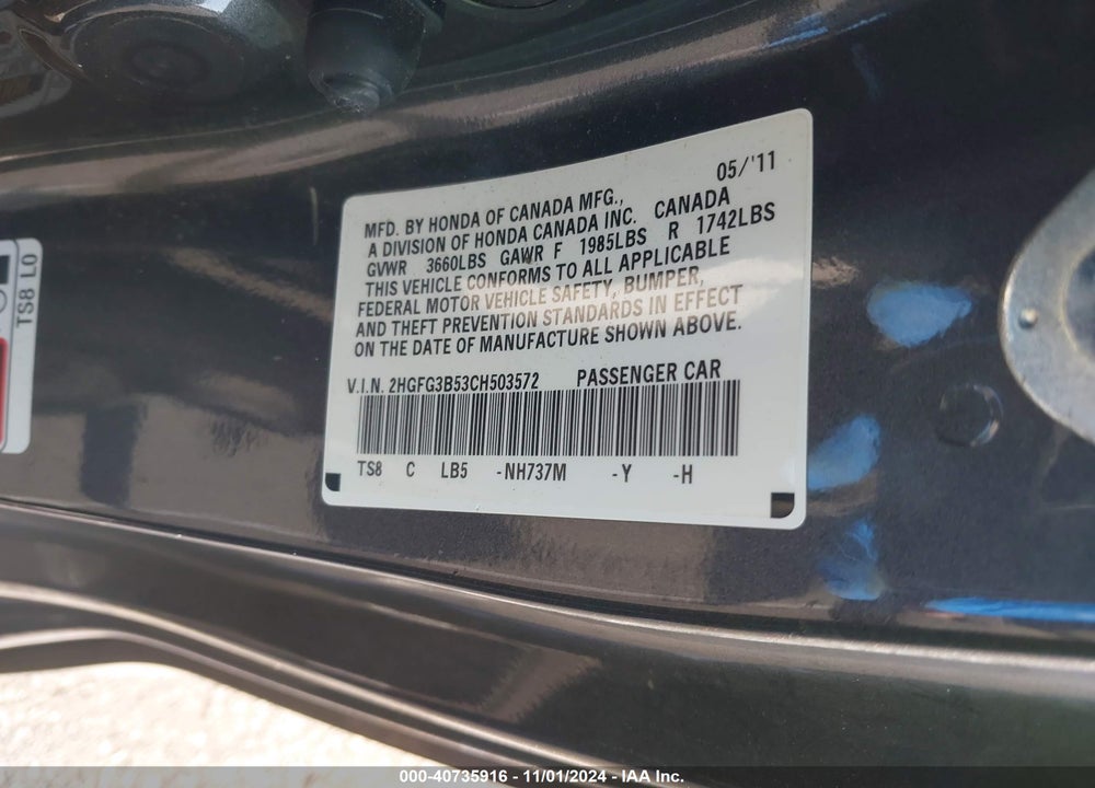 2012 HONDA CIVIC LX VIN: 2HGFG3B53CH503572