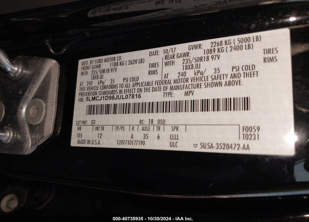 2018 LINCOLN MKC PREMIERE VIN: 5LMCJ1D98JUL07816