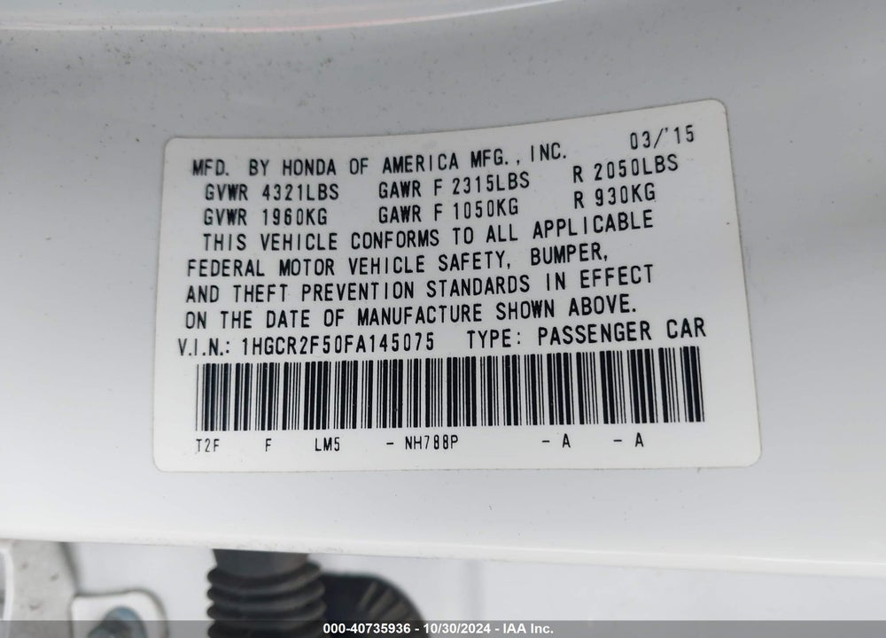 2015 HONDA ACCORD SPORT VIN: 1HGCR2F50FA145075