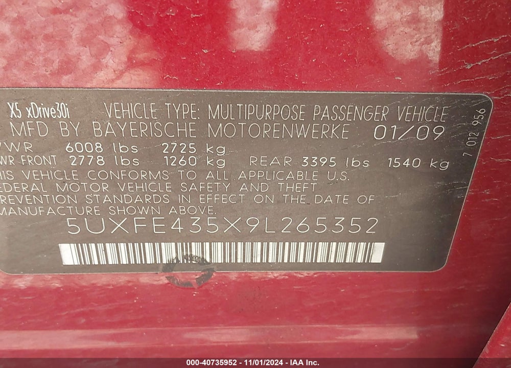 2009 BMW X5 XDRIVE30I VIN: 5UXFE435X9L265352