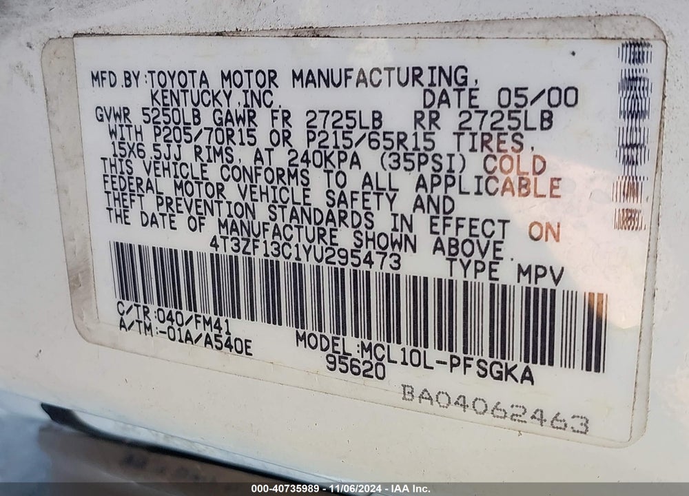 2000 TOYOTA SIENNA XLE VIN: 4T3ZF13C1YU295473