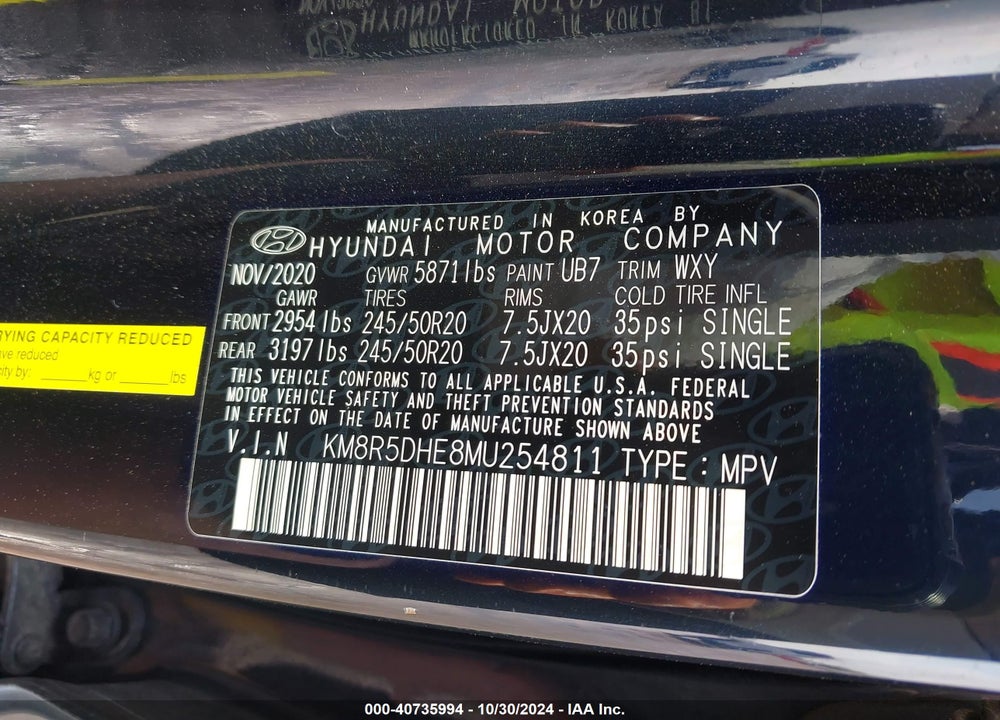 2021 HYUNDAI PALISADE LIMITED VIN: KM8R5DHE8MU254811