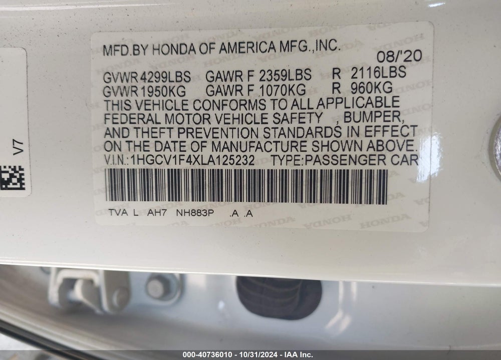2020 HONDA ACCORD EX VIN: 1HGCV1F4XLA125232
