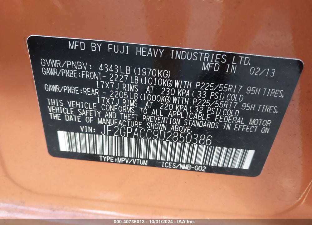 2013 SUBARU XV CROSSTREK 2.0I PREMIUM VIN: JF2GPACC9D2850386