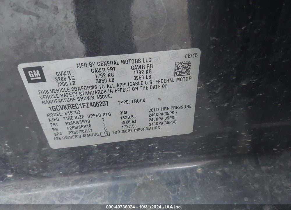 2015 CHEVROLET SILVERADO 1500 2LT VIN: 1GCVKREC1FZ406297