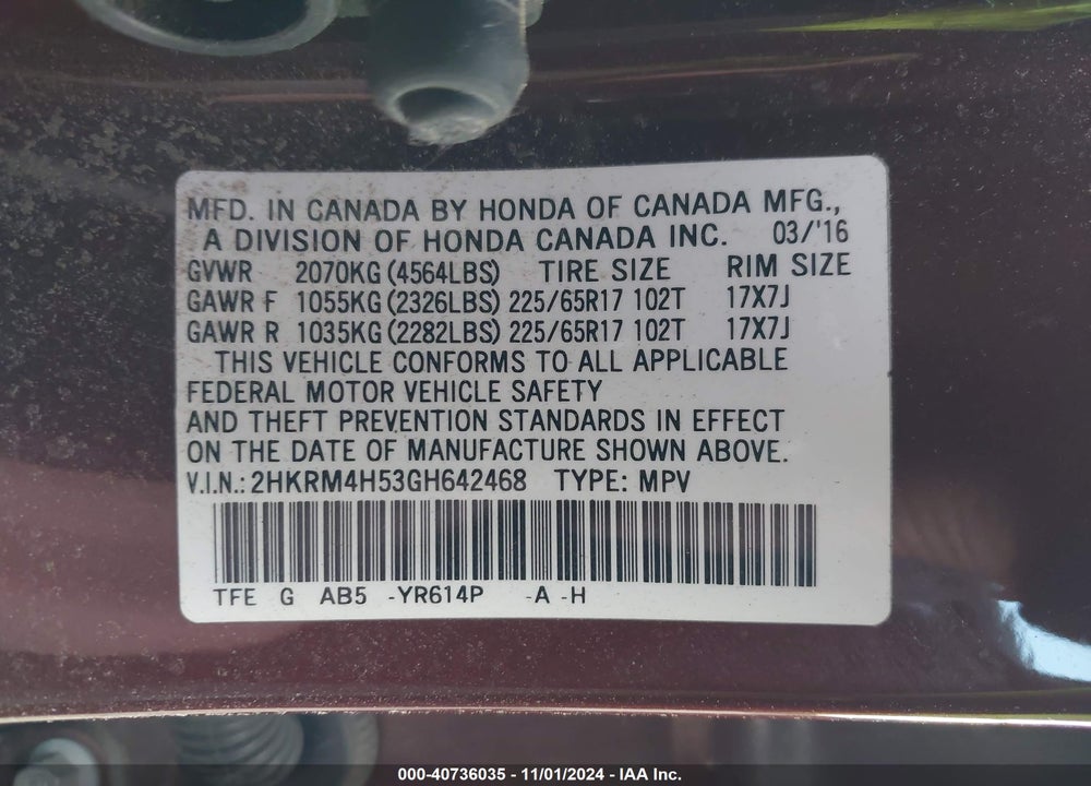 2016 HONDA CR-V EX VIN: 2HKRM4H53GH642468