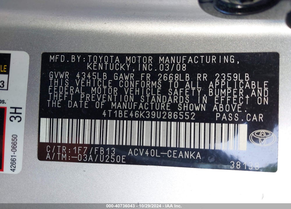 2009 TOYOTA CAMRY LE VIN: 4T1BE46K39U286552