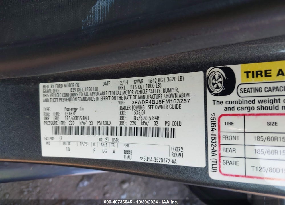 2015 FORD FIESTA SE VIN: 3FADP4BJ8FM163257