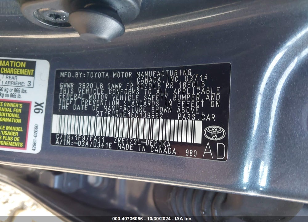 2014 TOYOTA COROLLA L VIN: 2T1BURHE1EC139892