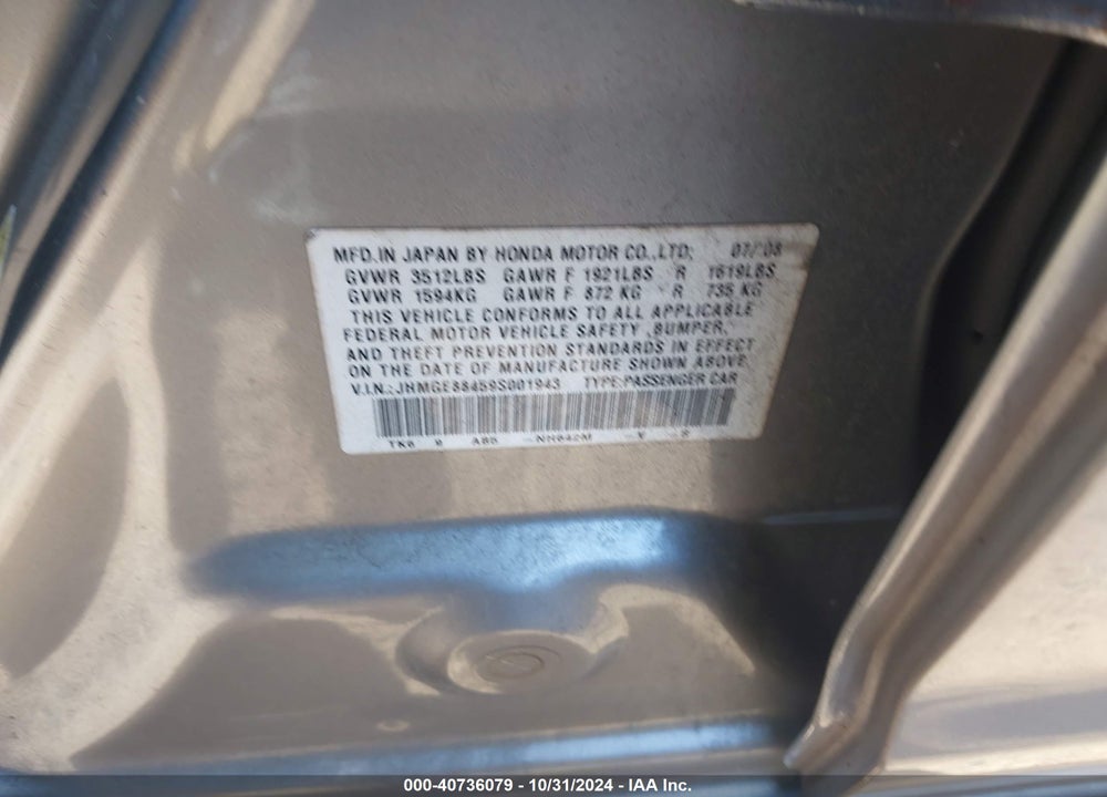 2009 HONDA FIT SPORT VIN: JHMGE88459S001943