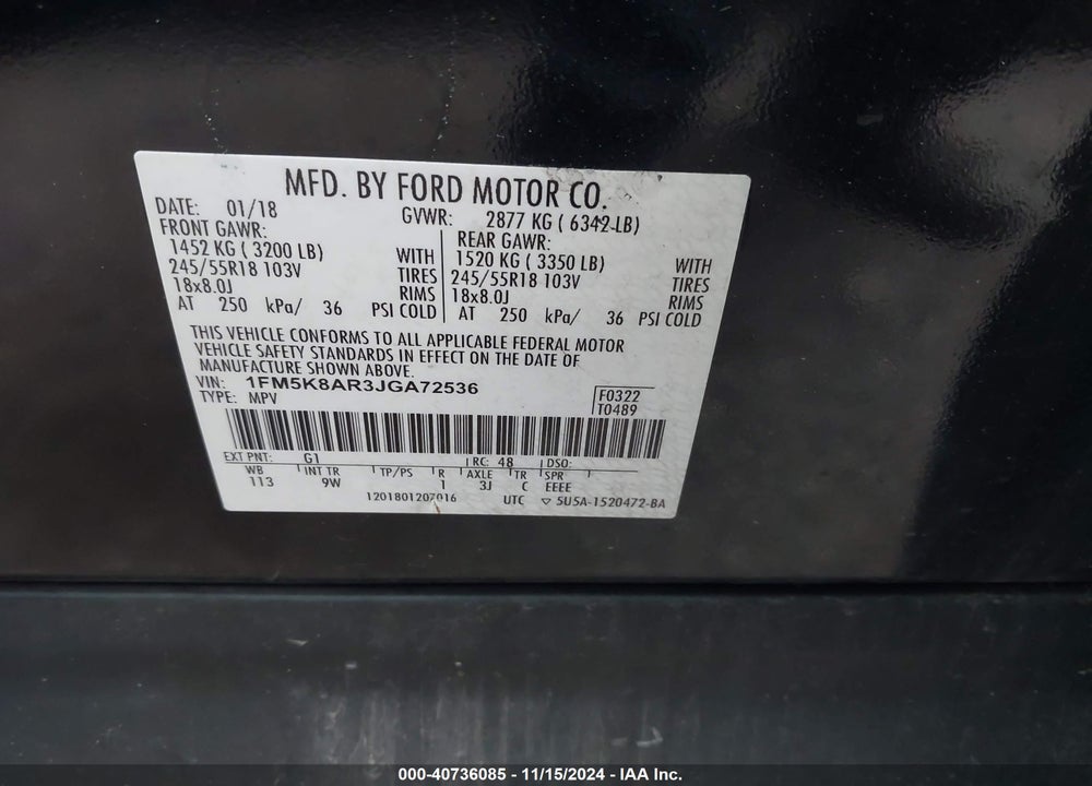 2018 FORD POLICE INTERCEPTOR UTILITY VIN: 1FM5K8AR3JGA72536