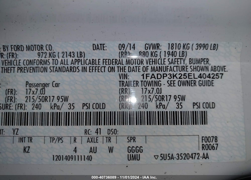 2014 FORD FOCUS SE VIN: 1FADP3K25EL404257