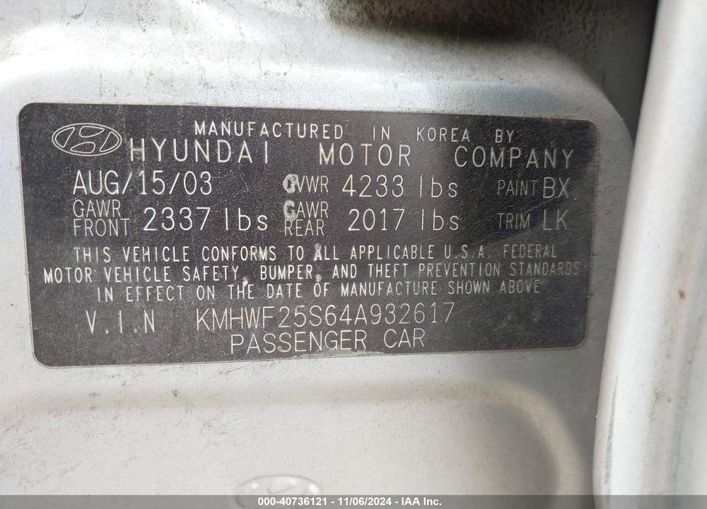 2004 HYUNDAI SONATA BASE (A4) VIN: KMHWF25S64A932617