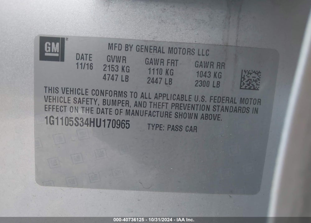 2017 CHEVROLET IMPALA 1LT VIN: 1G1105S34HU170965