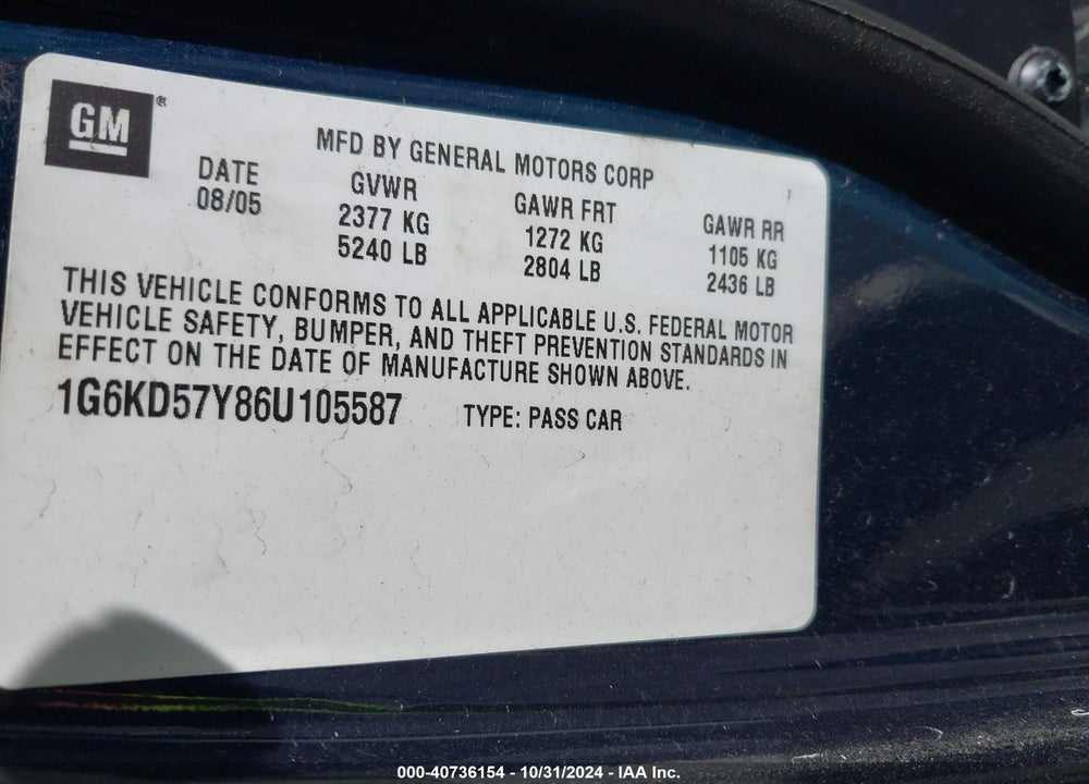 2006 CADILLAC DTS VIN: 1G6KD57Y86U105587