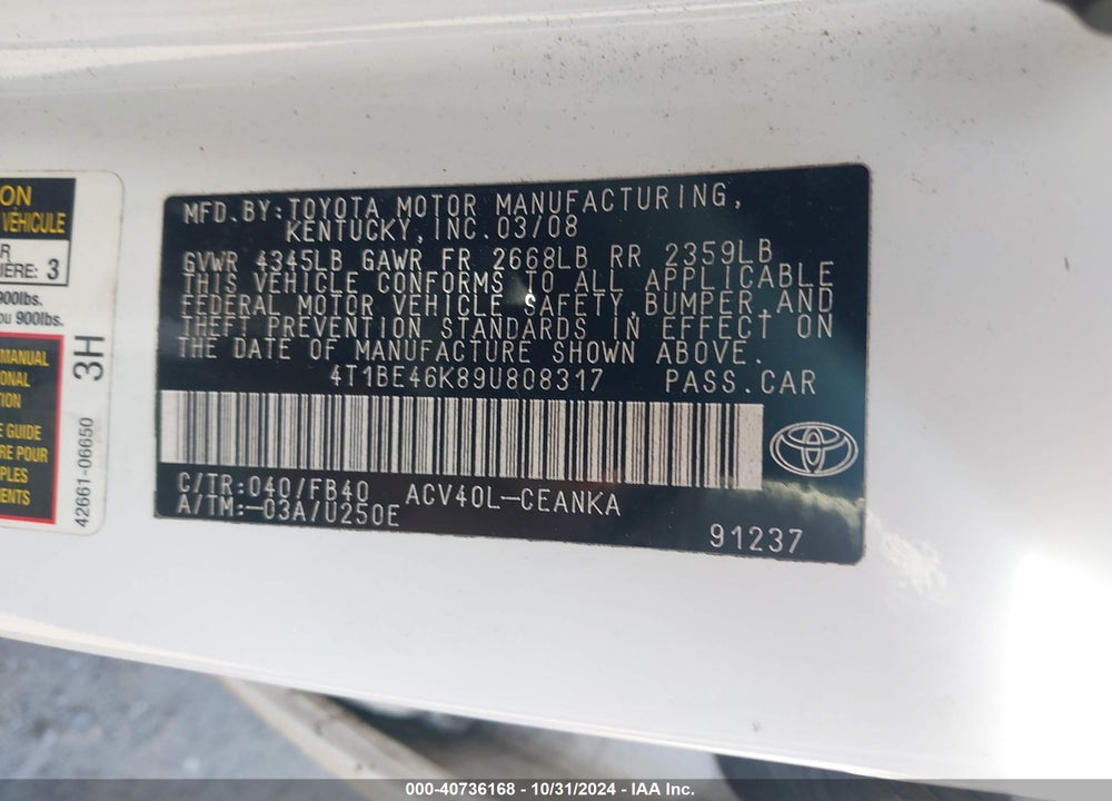 2009 TOYOTA CAMRY VIN: 4T1BE46K89U808317
