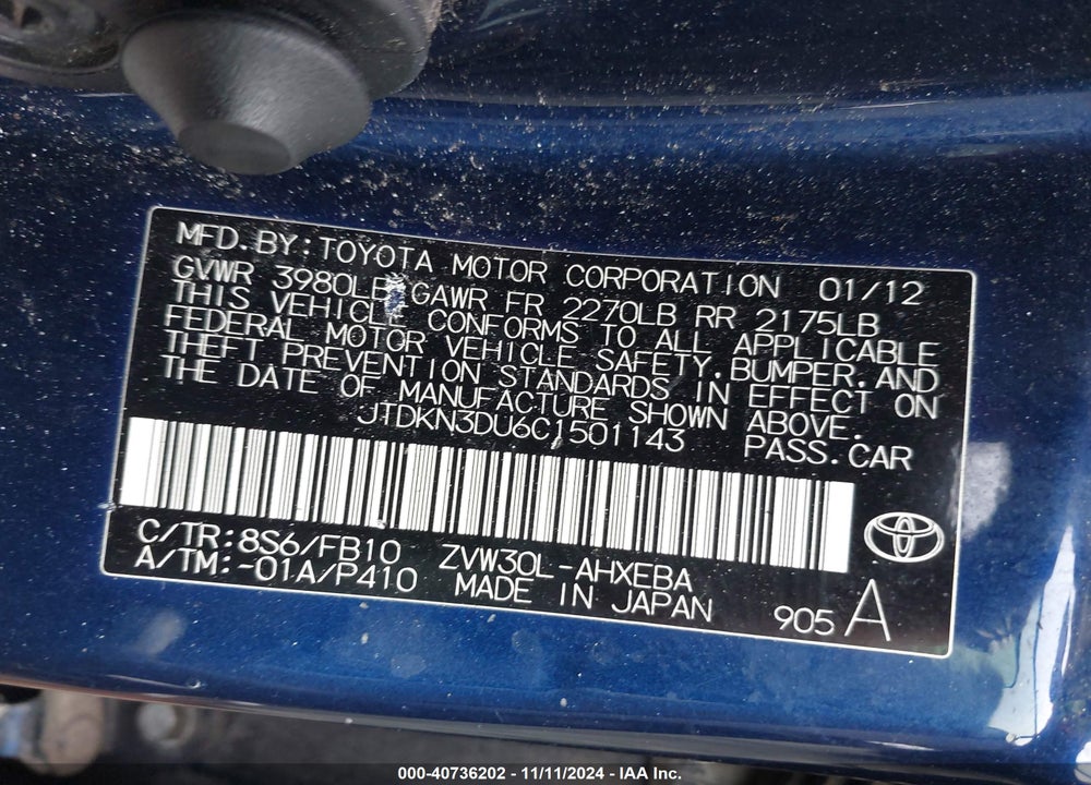 2012 TOYOTA PRIUS TWO VIN: JTDKN3DU6C1501143