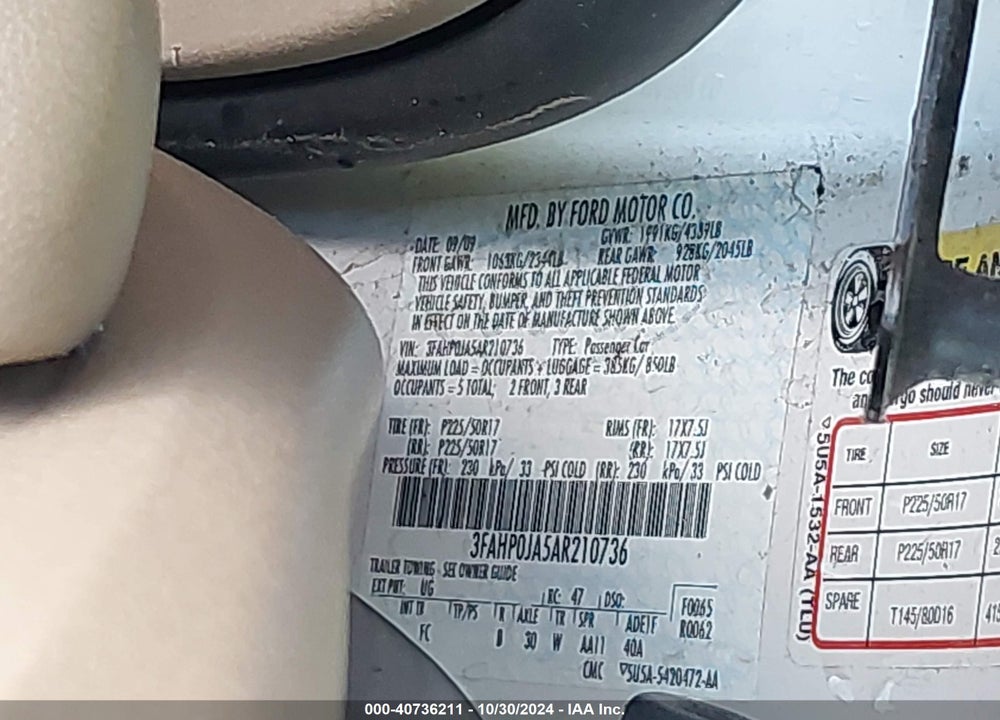 2010 FORD FUSION SEL VIN: 3FAHP0JA5AR210736