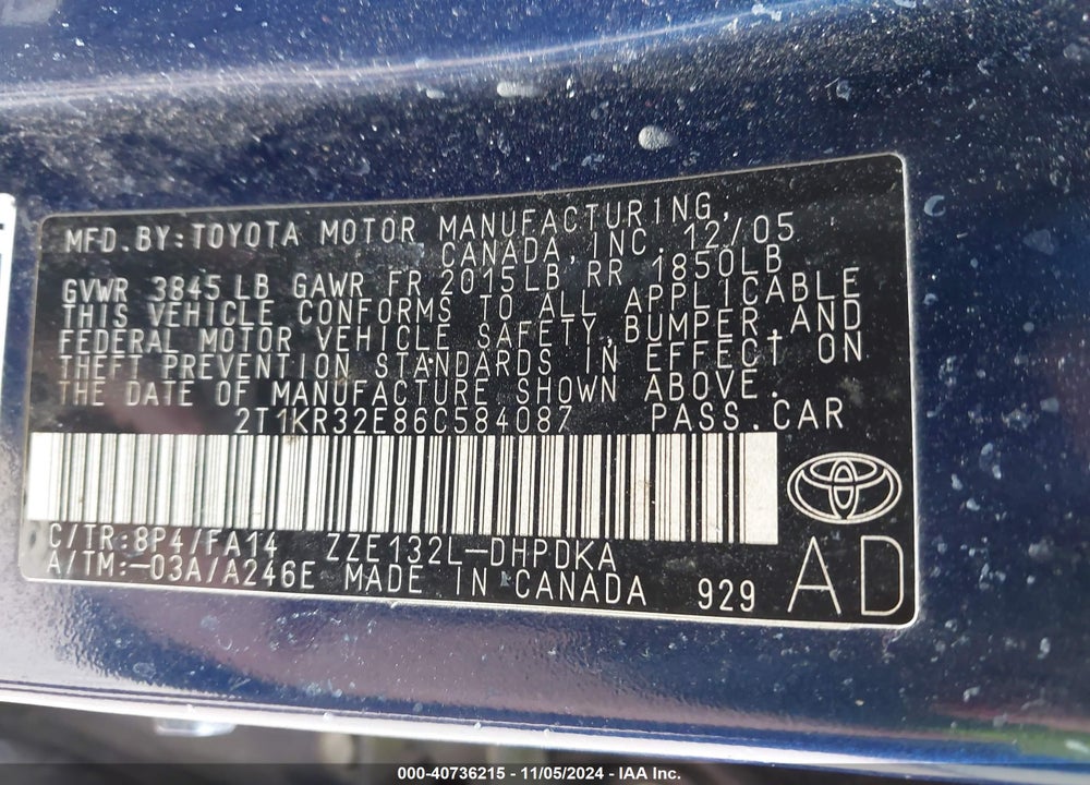 2006 TOYOTA MATRIX VIN: 2T1KR32E86C584087
