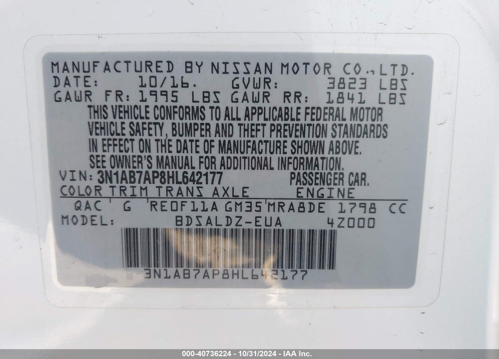 2017 NISSAN SENTRA SV VIN: 3N1AB7AP8HL642177