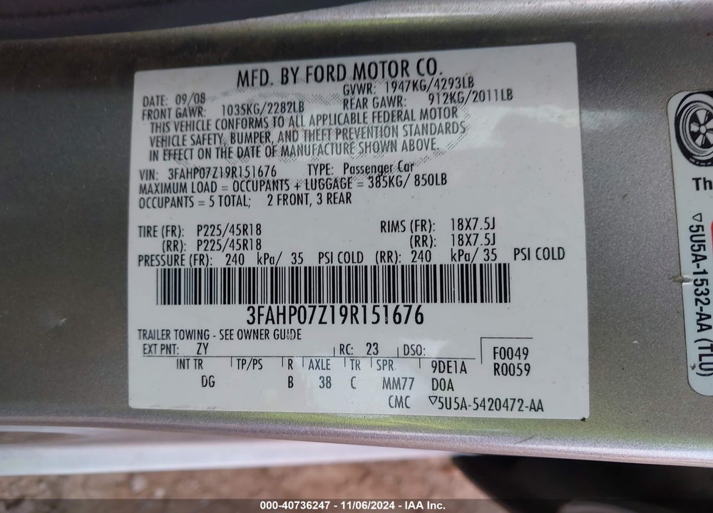 2009 FORD FUSION SE VIN: 3FAHP07Z19R151676