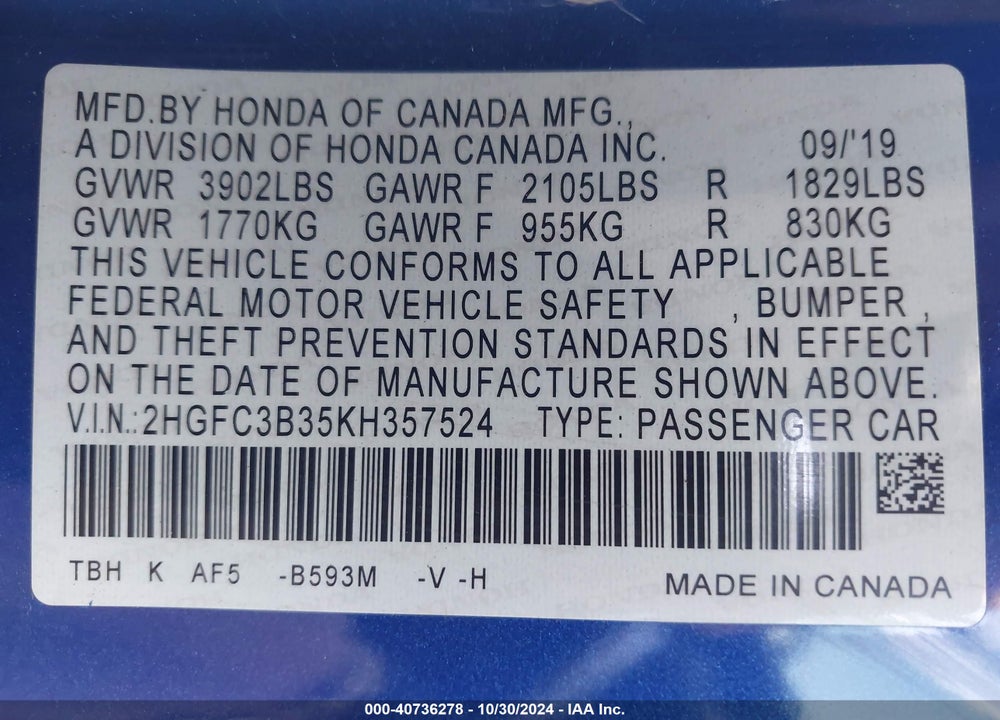 2019 HONDA CIVIC EX VIN: 2HGFC3B35KH357524