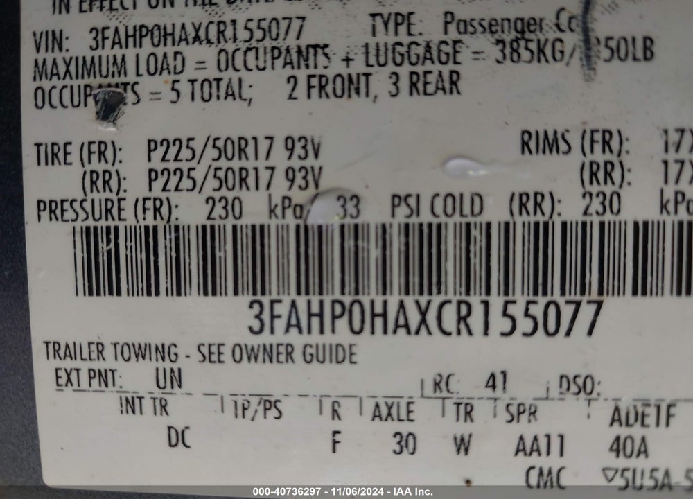 2012 FORD FUSION SE VIN: 3FAHP0HAXCR155077