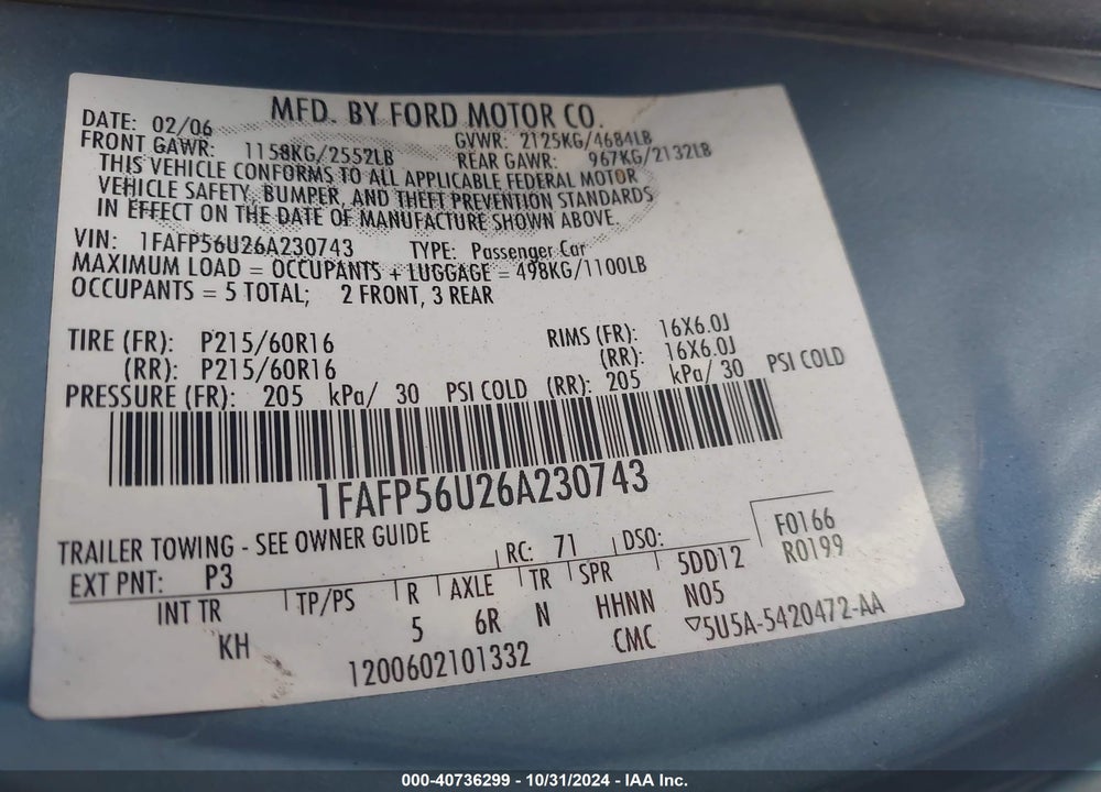 2006 FORD TAURUS SEL VIN: 1FAFP56U26A230743