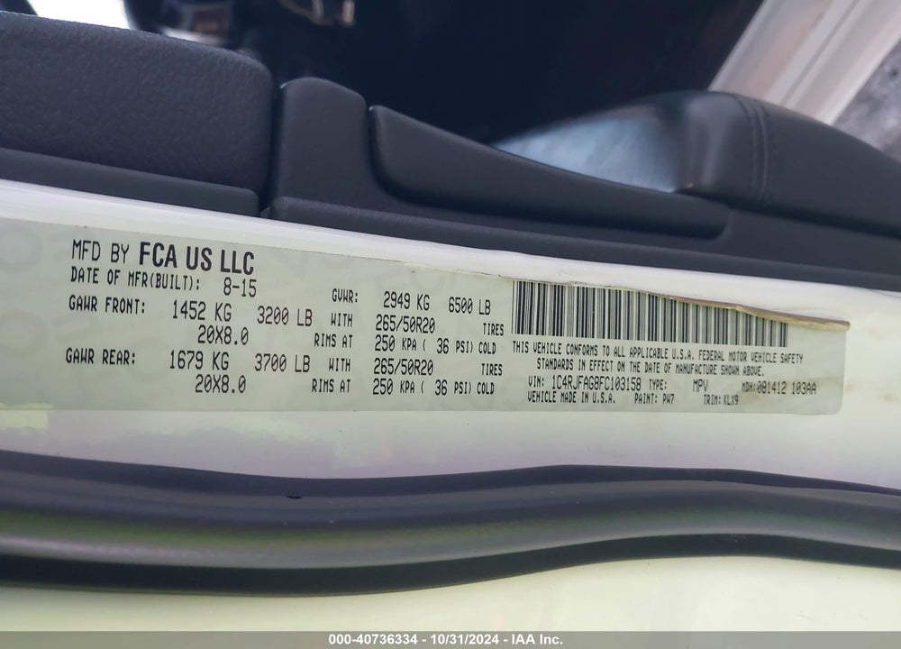 2015 JEEP GRAND CHEROKEE ALTITUDE VIN: 1C4RJFAG8FC103158