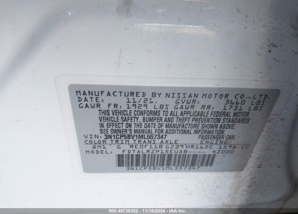 2021 NISSAN KICKS S XTRONIC CVT VIN: 3N1CP5BV1ML557347