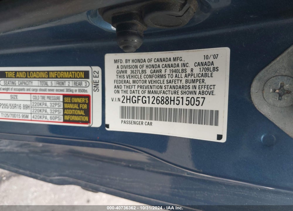 2008 HONDA CIVIC LX VIN: 2HGFG12688H515057