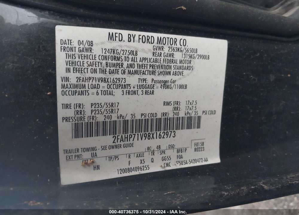 2008 FORD CROWN VICTORIA VIN: 2FAHP71V98X162973
