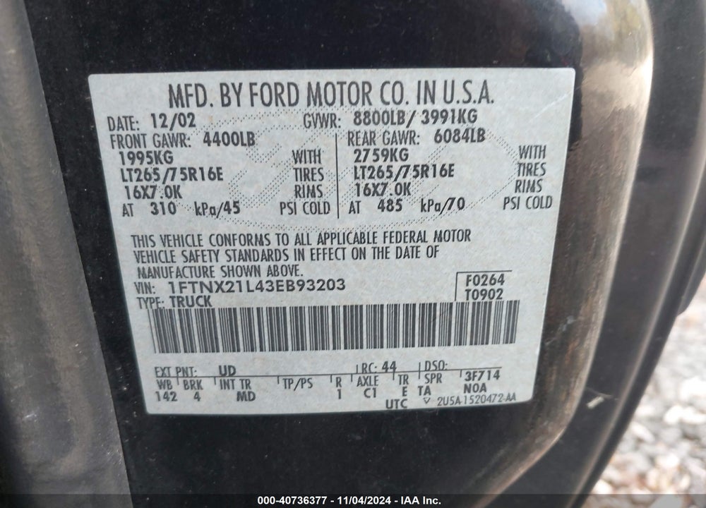 2003 FORD F-250 LARIAT/XL/XLT VIN: 1FTNX21L43EB93203