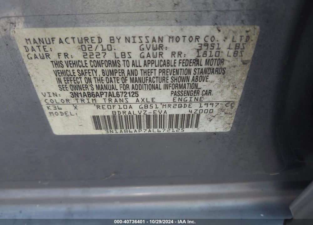 2010 NISSAN SENTRA 2.0SL VIN: 3N1AB6AP7AL672125