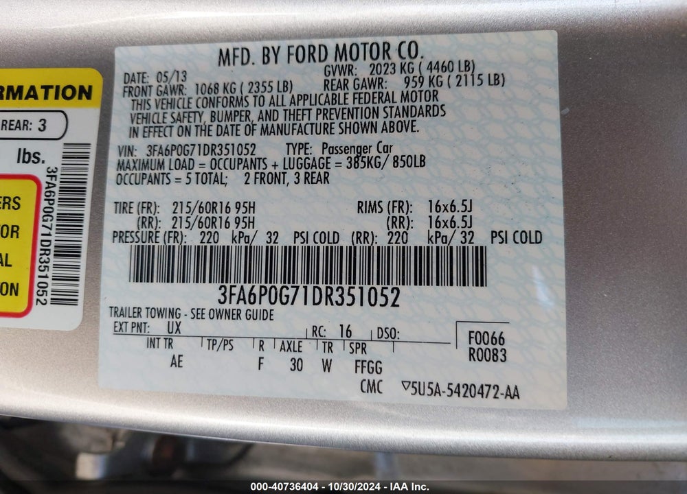 2013 FORD FUSION S VIN: 3FA6P0G71DR351052