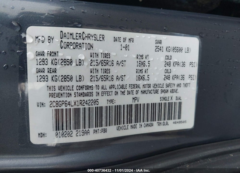 2001 CHRYSLER TOWN & COUNTRY LIMITED VIN: 2C8GP64LX1R242205