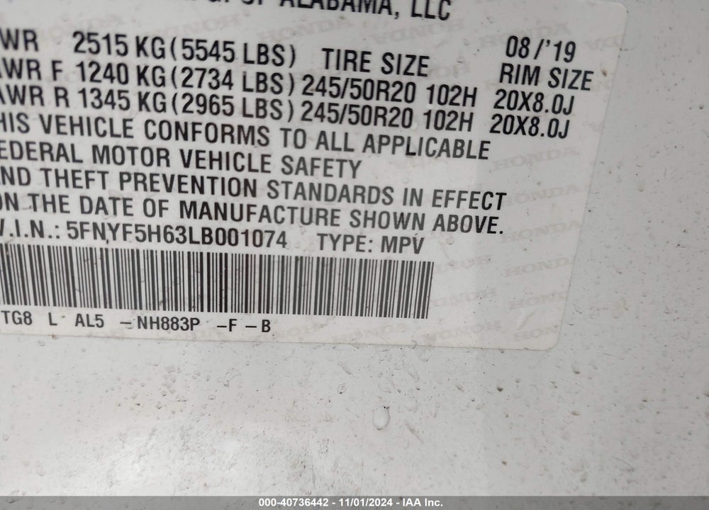 2020 HONDA PILOT 2WD TOURING 7 PASSENGER VIN: 5FNYF5H63LB001074