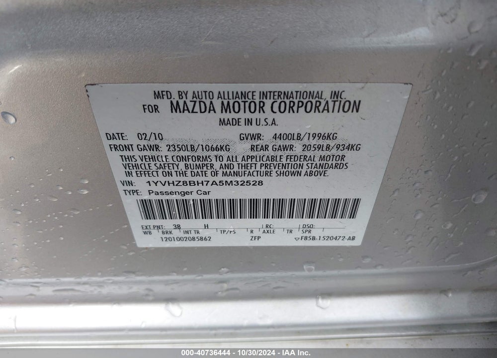 2010 MAZDA 6 VIN: 1YVHZ8BH7A5M32528