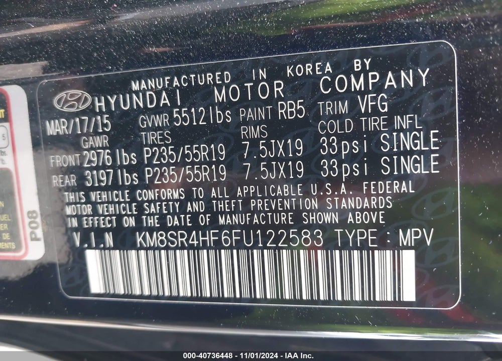 2015 HYUNDAI SANTA FE GLS VIN: KM8SR4HF6FU122583