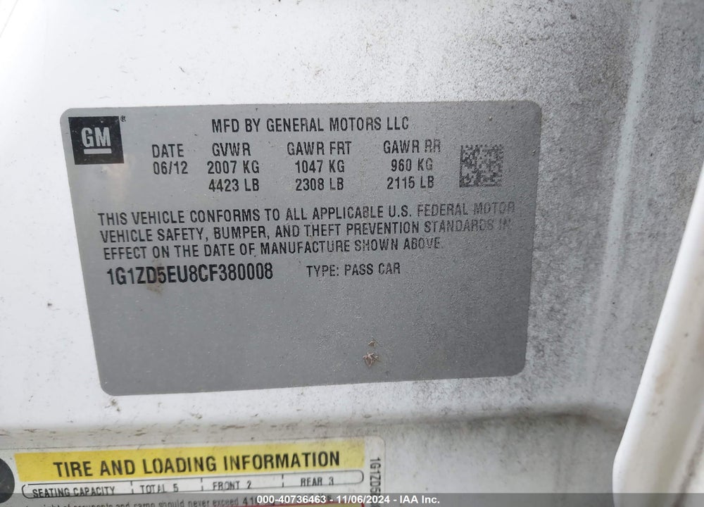 2012 CHEVROLET MALIBU VIN: 1G1ZD5EU8CF380008