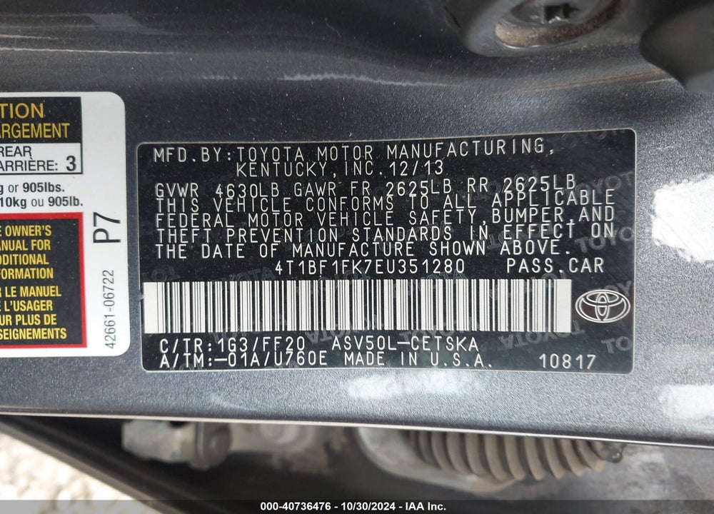 2014 TOYOTA CAMRY SE VIN: 4T1BF1FK7EU351280