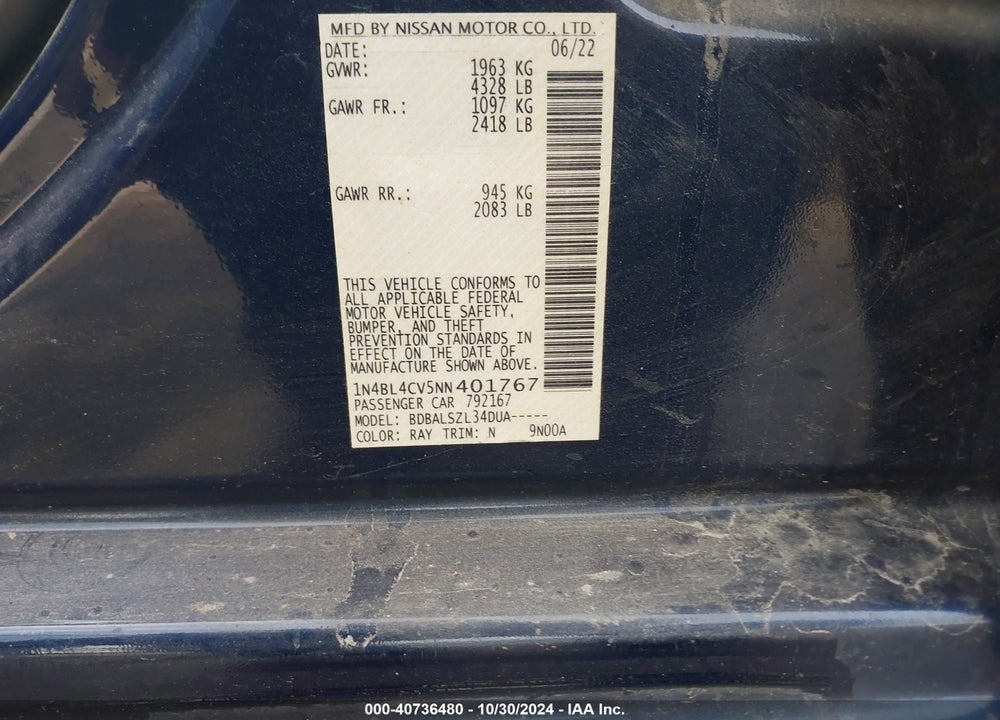 2022 NISSAN ALTIMA SR FWD VIN: 1N4BL4CV5NN401767