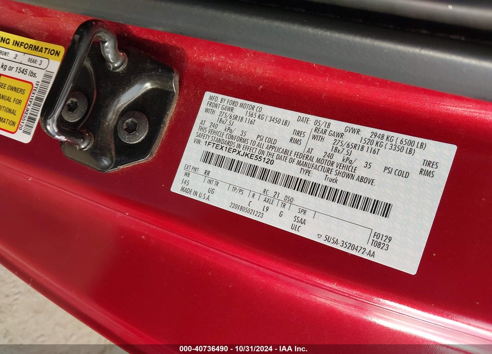 2018 FORD F-150 XLT VIN: 1FTEX1EPXJKE55120
